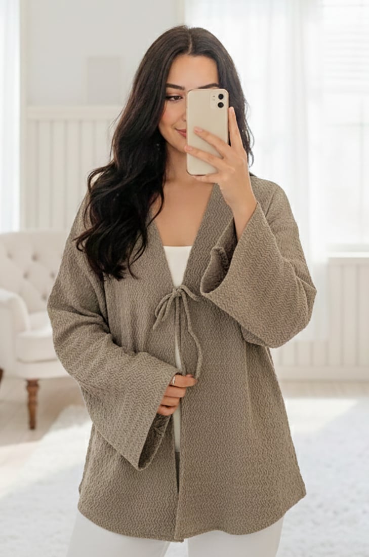 Taş Rengi Önü Bağlamalı Kimono Tunik / Likralı Ütü İstemez Kumaş