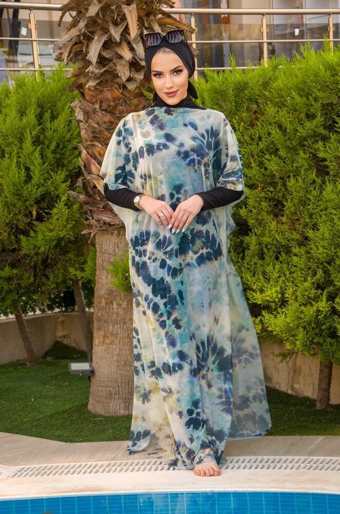 Turkuaz Batik Desenli Tesettür Pareo