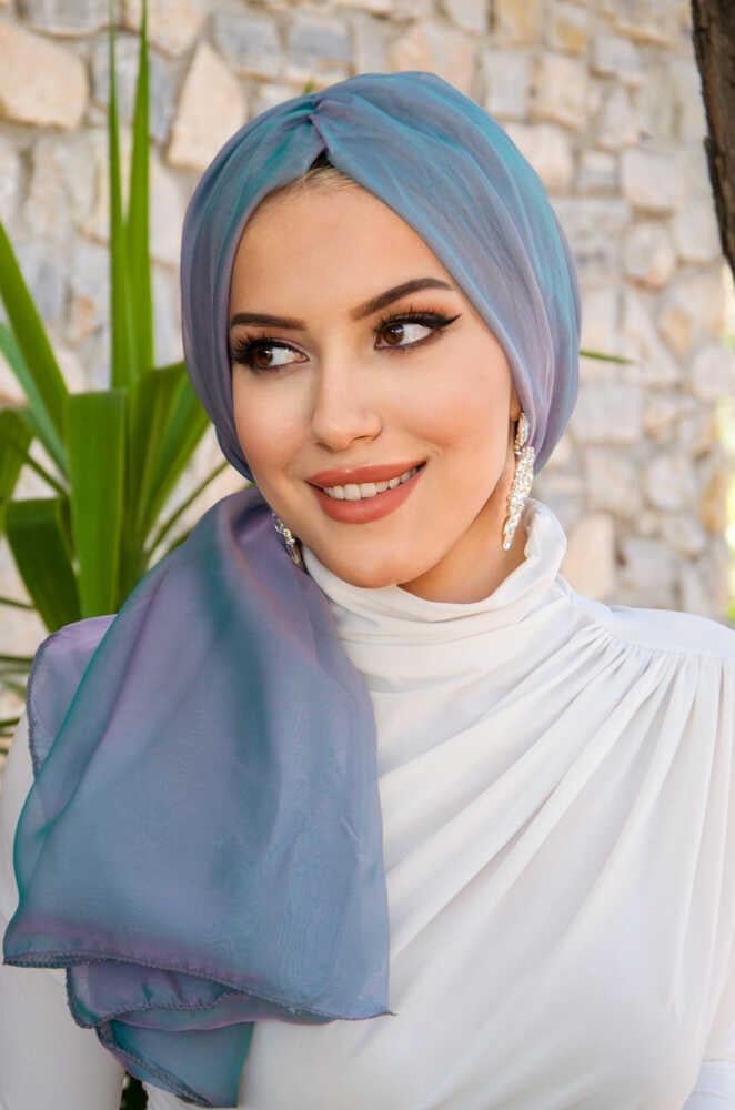 Turkuaz Lila Janjan Şifon Tokalı Bone