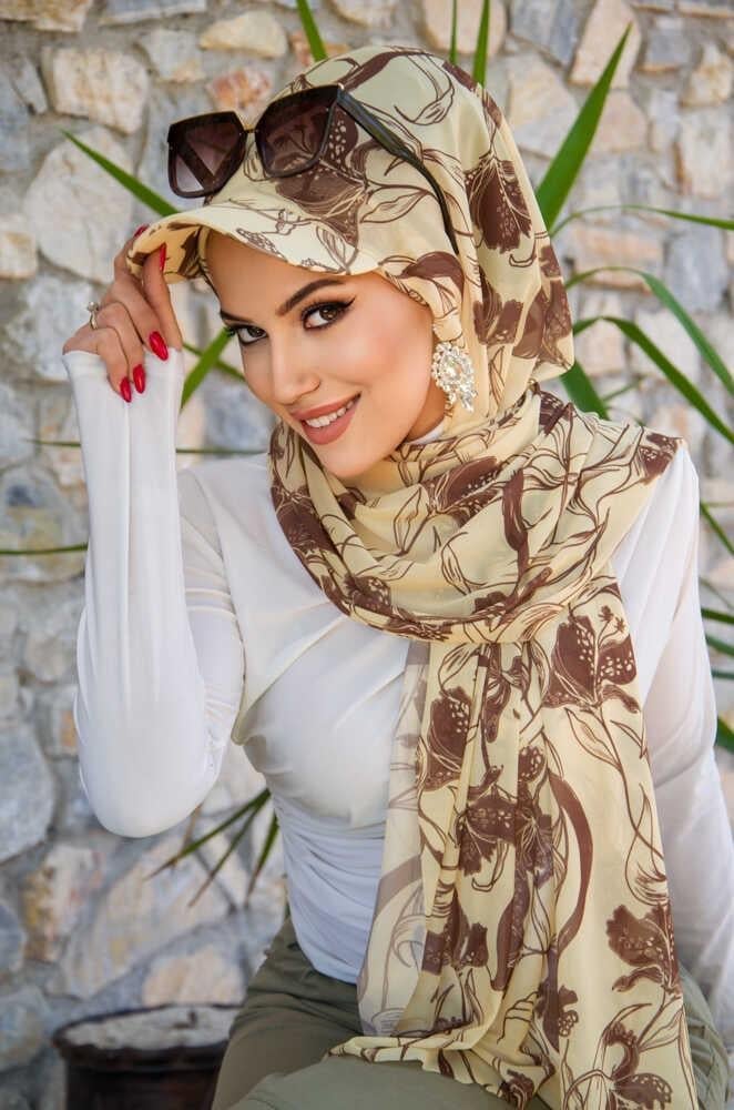 Uçuk Sarı kahve Desen Kepli Bandana Şapka Şal