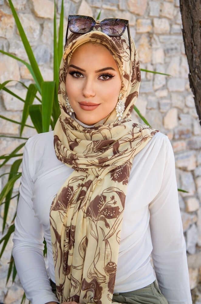 Uçuk Sarı kahve Desen Kepli Bandana Şapka Şal