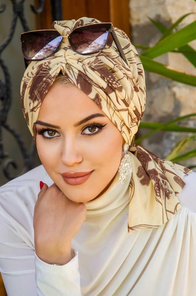 Uçuk Sarı Kahve Desen Tül Tokalı Bone