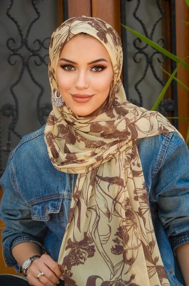Uçuk Sarı Kahve Desenli Bone Hazır Şal