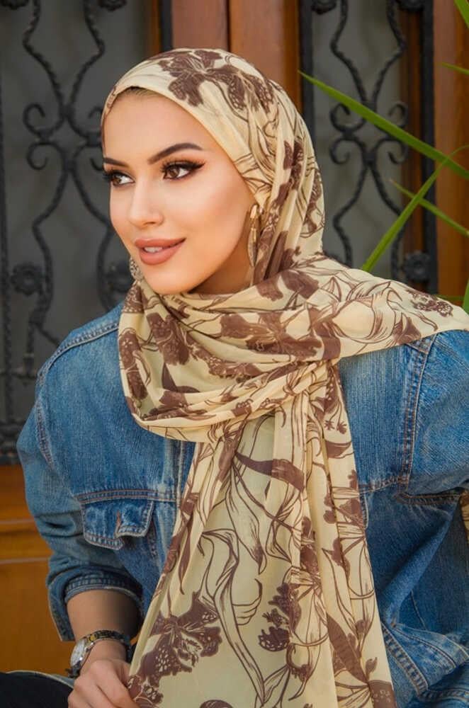 Uçuk Sarı Kahve Desenli Bone Hazır Şal