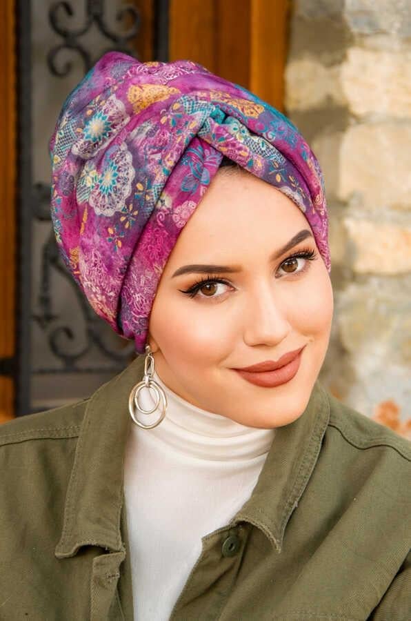 Vişne Etnik Çiçek Desen Burgu Model Dolgulu Bone