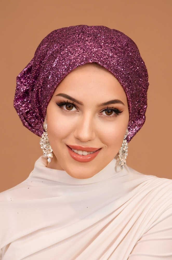 Vişne Simli Çağla Abiye Hazır Türban Bone