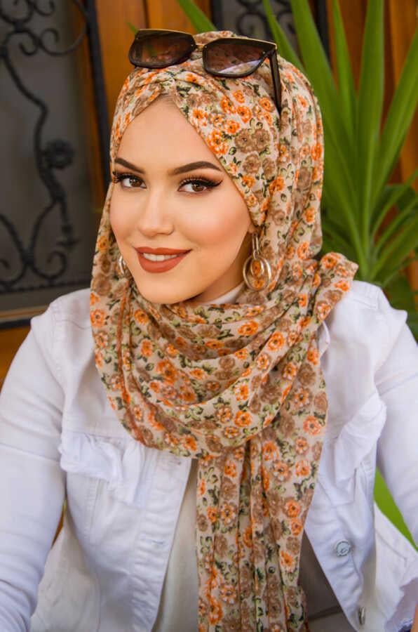 Vizon Bej Çiçek Desenli Hazır Şifon Şal