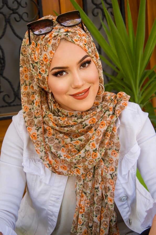 Vizon Bej Çiçek Desenli Hazır Şifon Şal