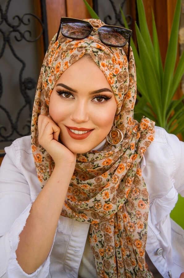 Vizon Bej Çiçek Desenli Hazır Şifon Şal