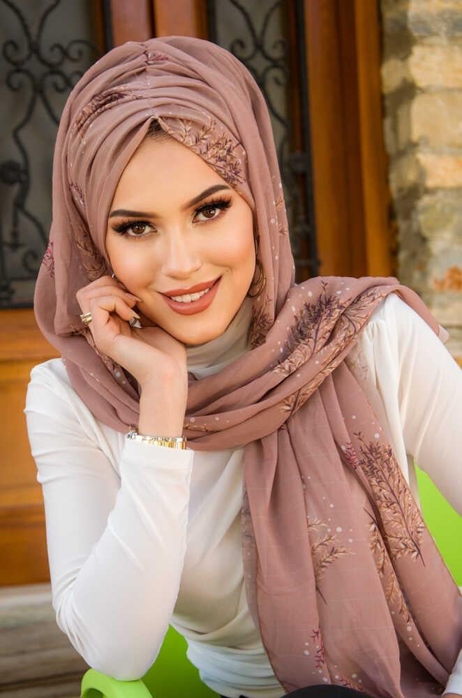 Vizon Nude Yaprak Desen Hazır Şal