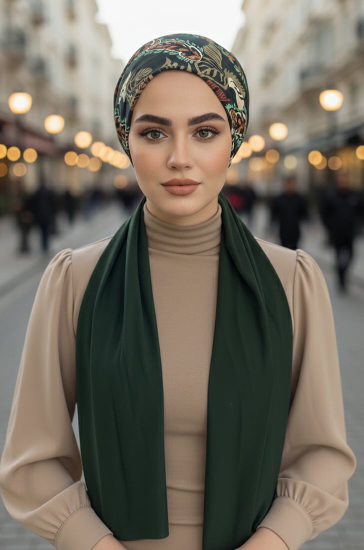 Zümrüt Yaprak Desenli Eşarp Bone