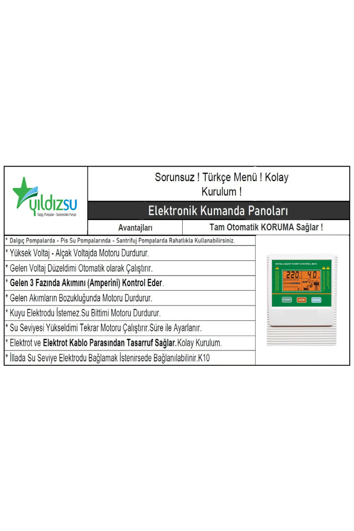 1-5.5 Hp 380v Trifaze Dalgıç ve Hidrofor Su Pompa Koruma Kontrol Panosu - Dijital Ekran,Türkçe Menü