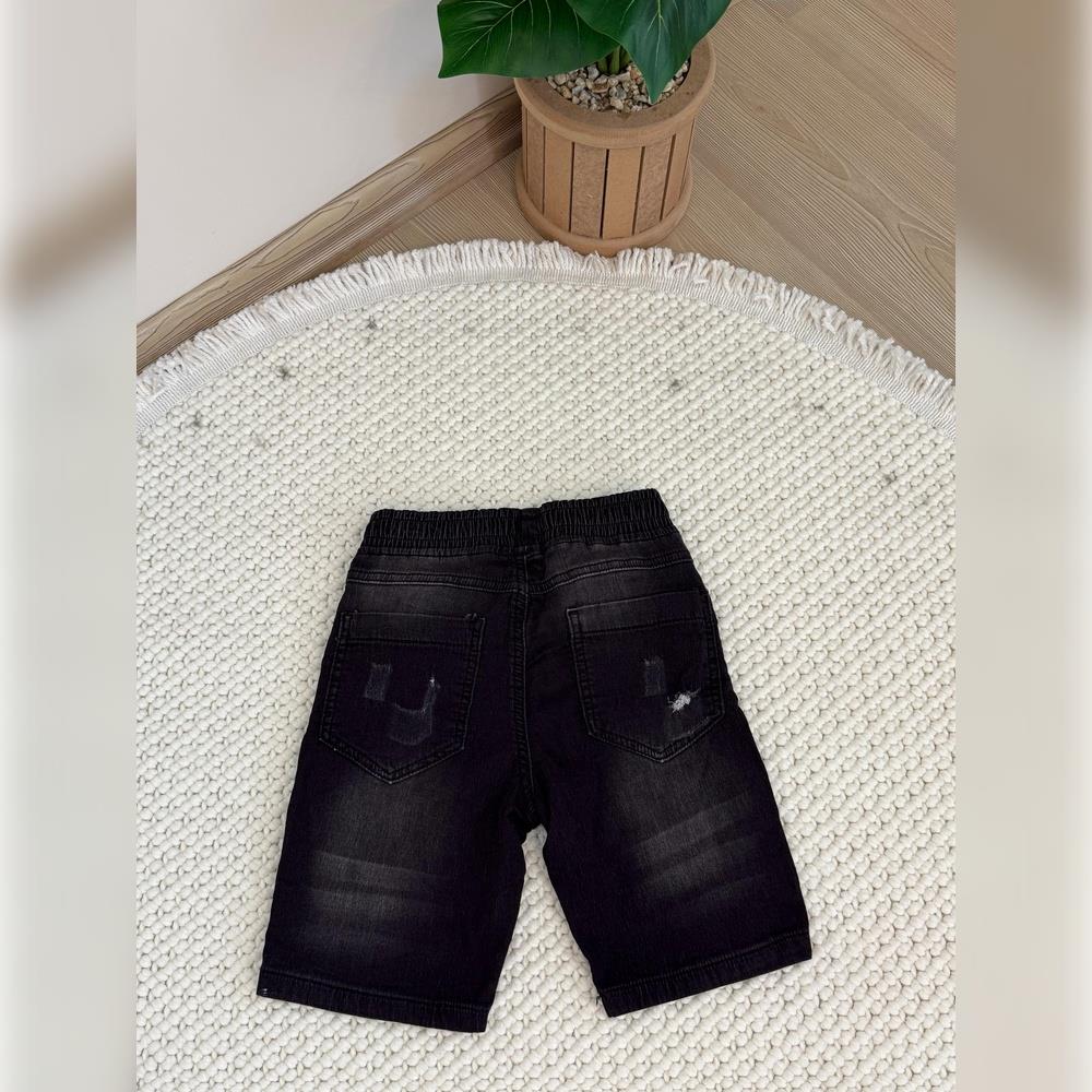 2311BK07039 FIRÇALANMIŞ EFEKTLİ SİYAH ERKEK ÇOCUK DENIM ŞORT 