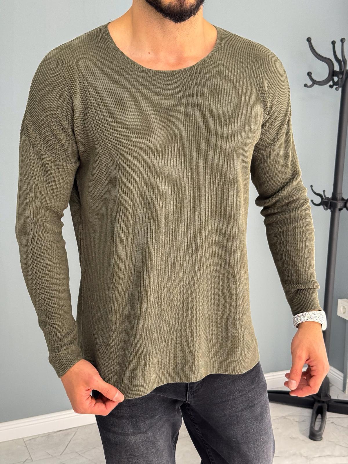 Açık Yaka İnce Triko Sweat Haki Yeşil