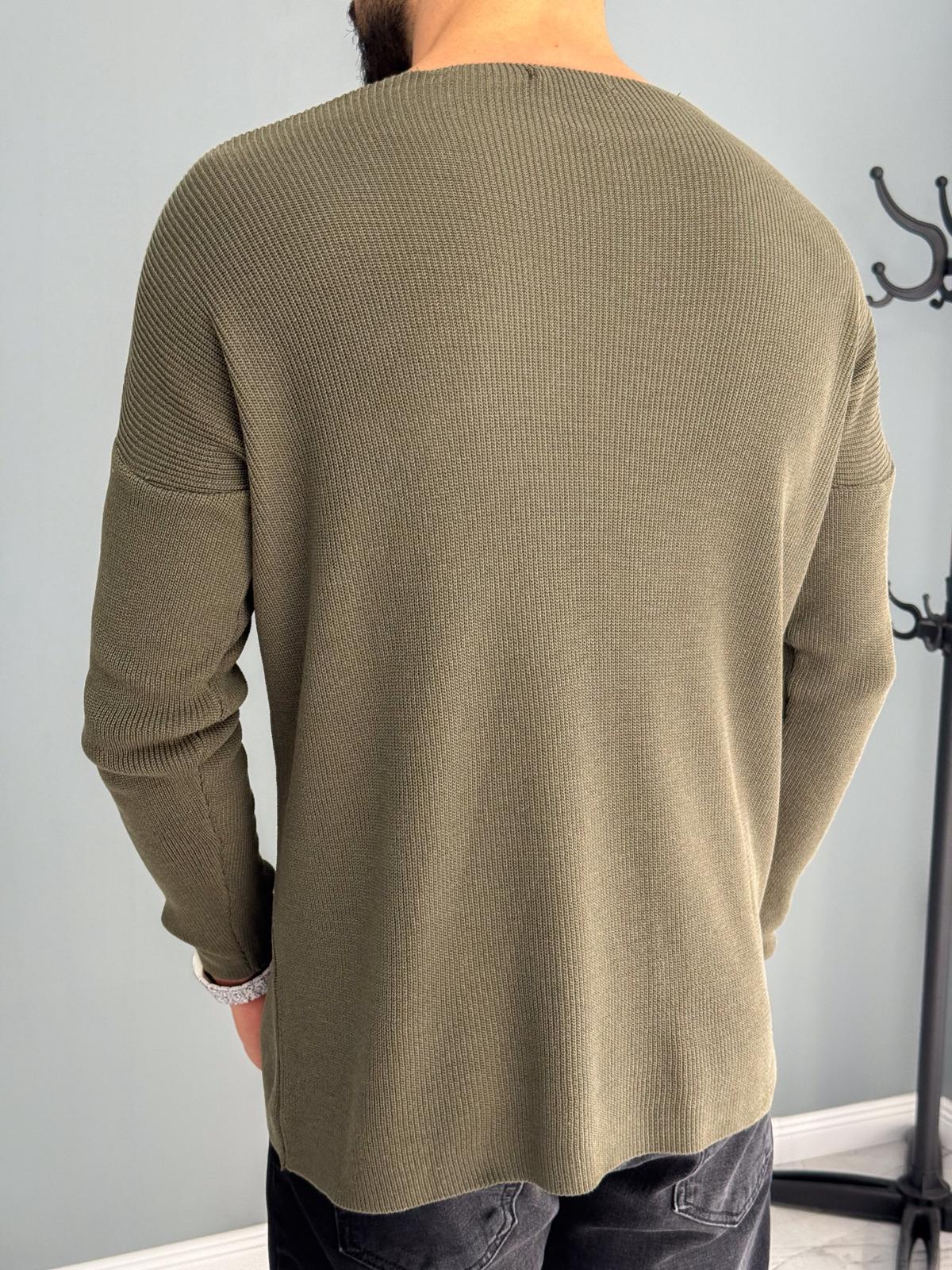 Açık Yaka İnce Triko Sweat Haki Yeşil
