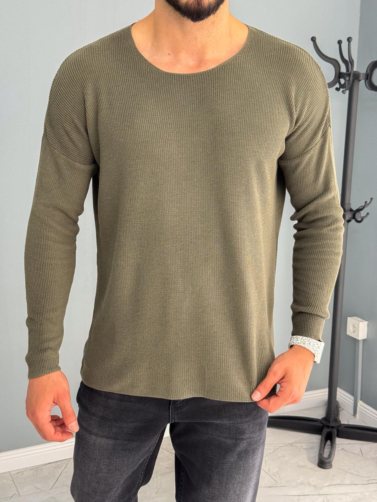 Açık Yaka İnce Triko Sweat Haki Yeşil