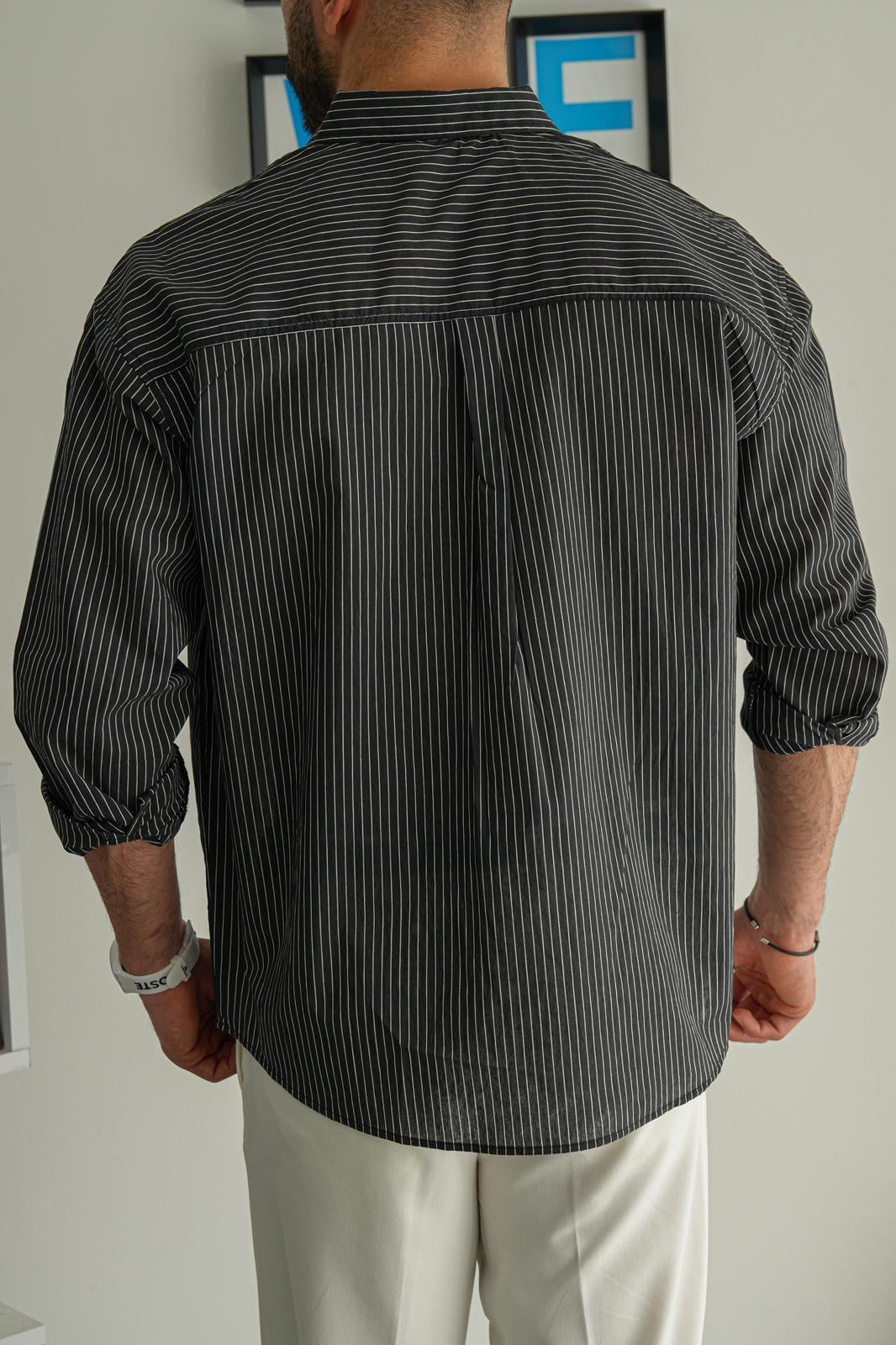 Antrasit Yazlık Oversize Kendinden Çizgili Premium Gömlek