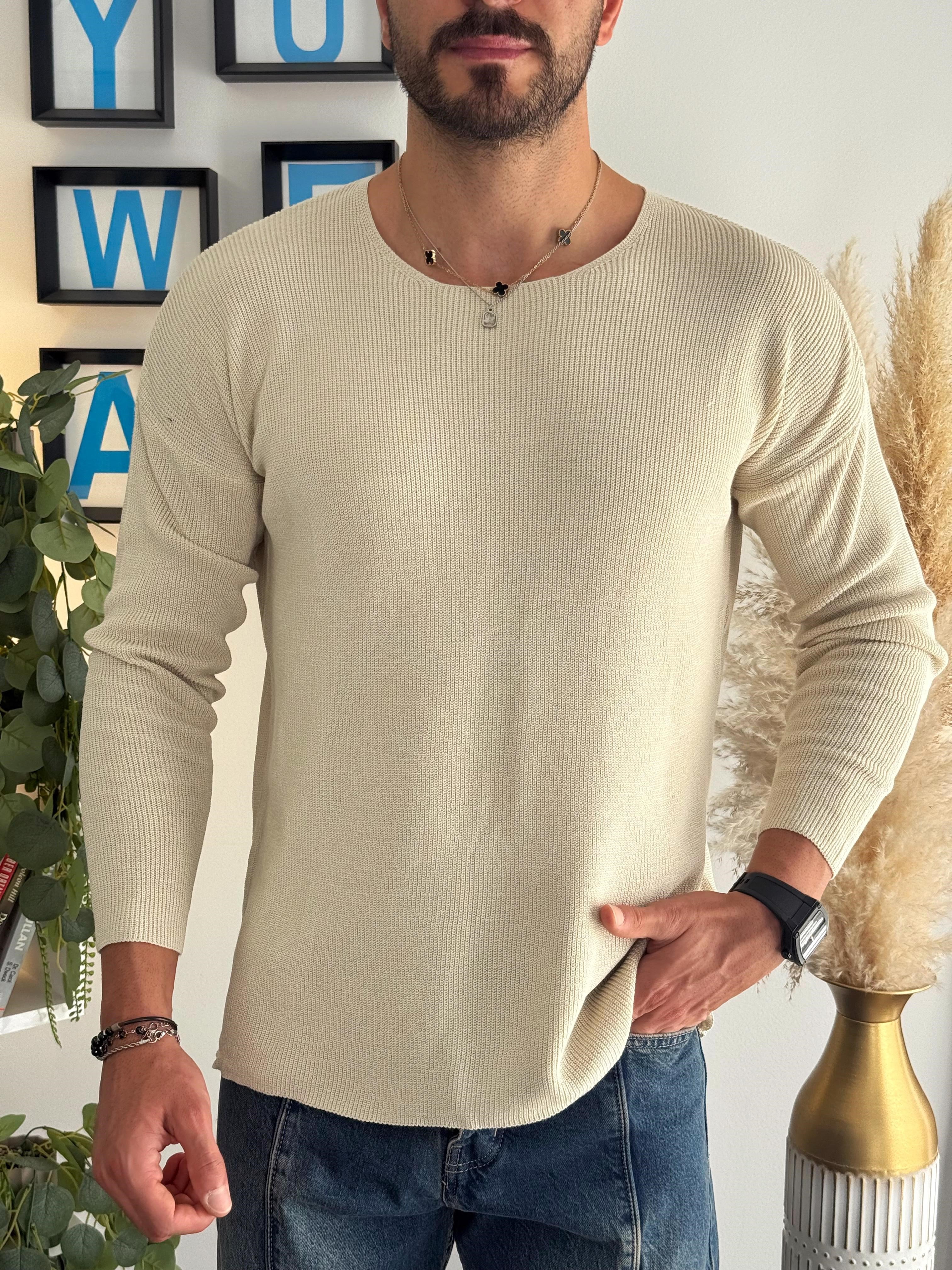 Bej Açık Yaka İnce Triko Sweat