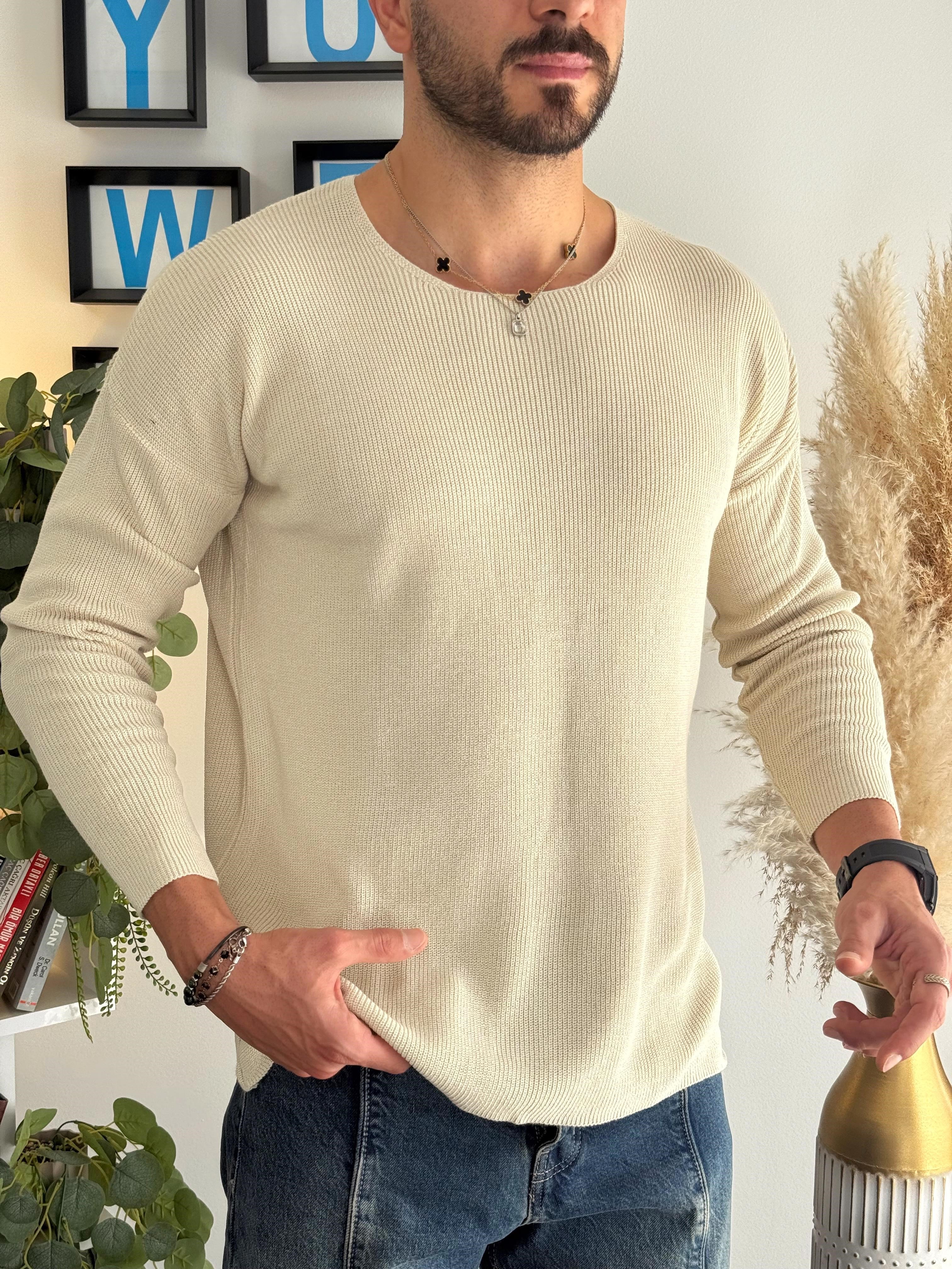 Bej Açık Yaka İnce Triko Sweat