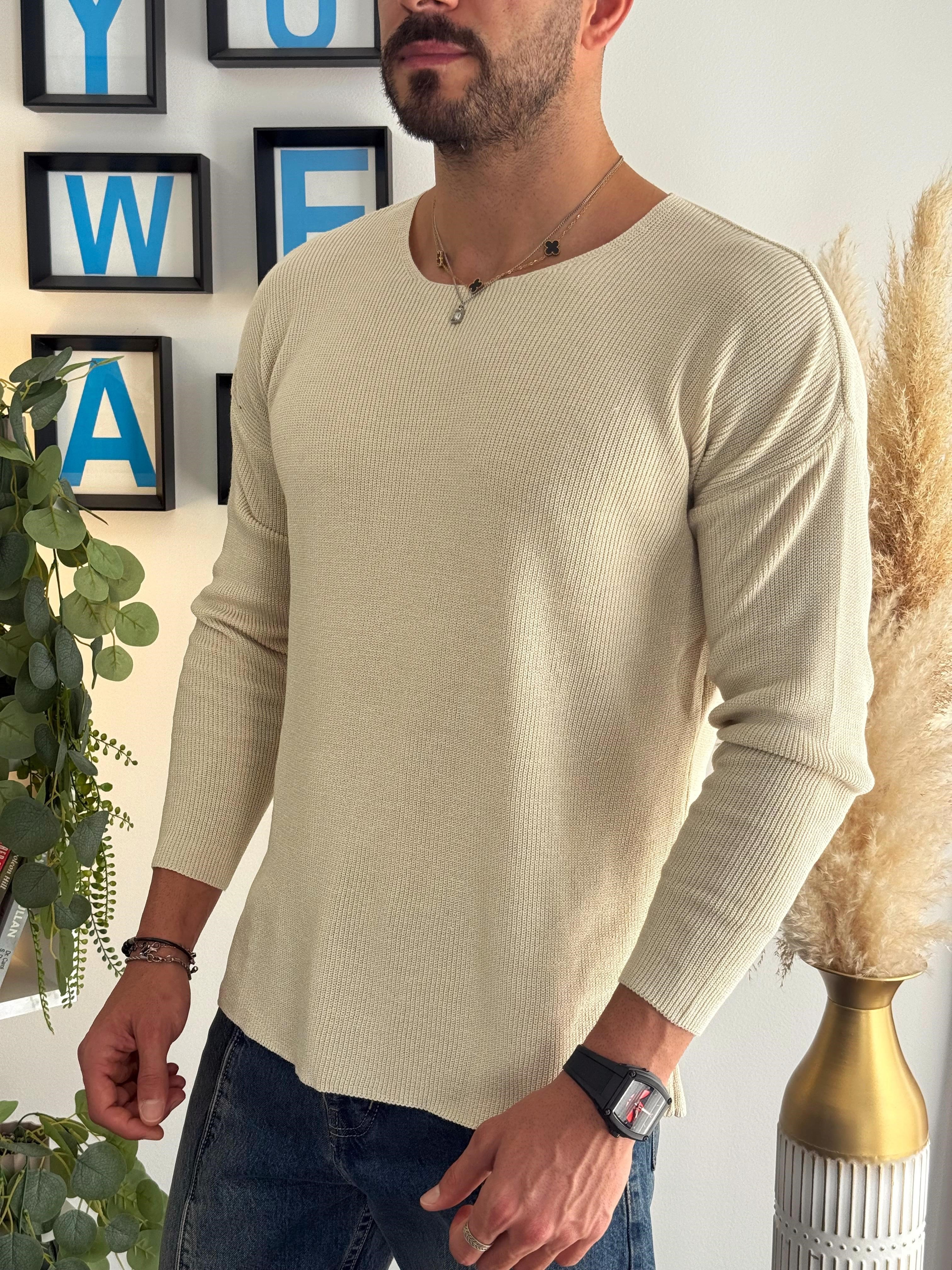 Bej Açık Yaka İnce Triko Sweat