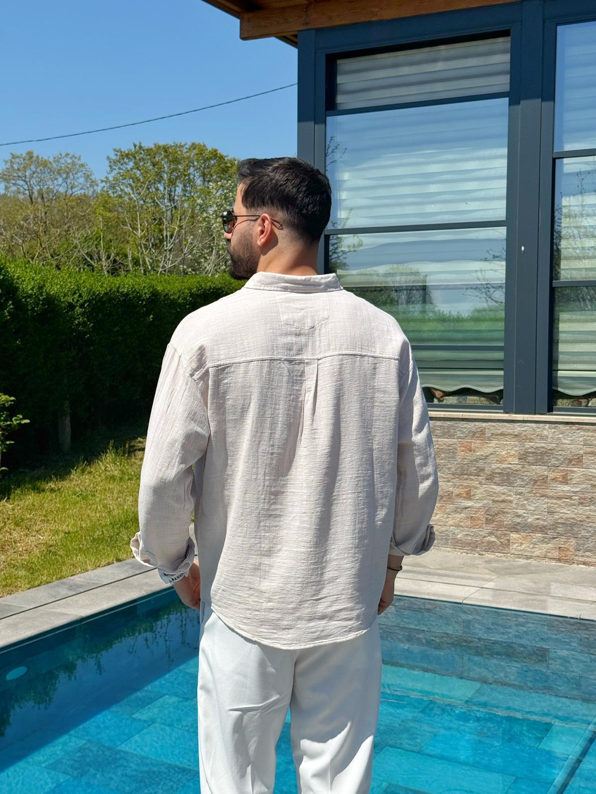 Bej Ham Keten Yazlık Yarım Oversize Gömlek