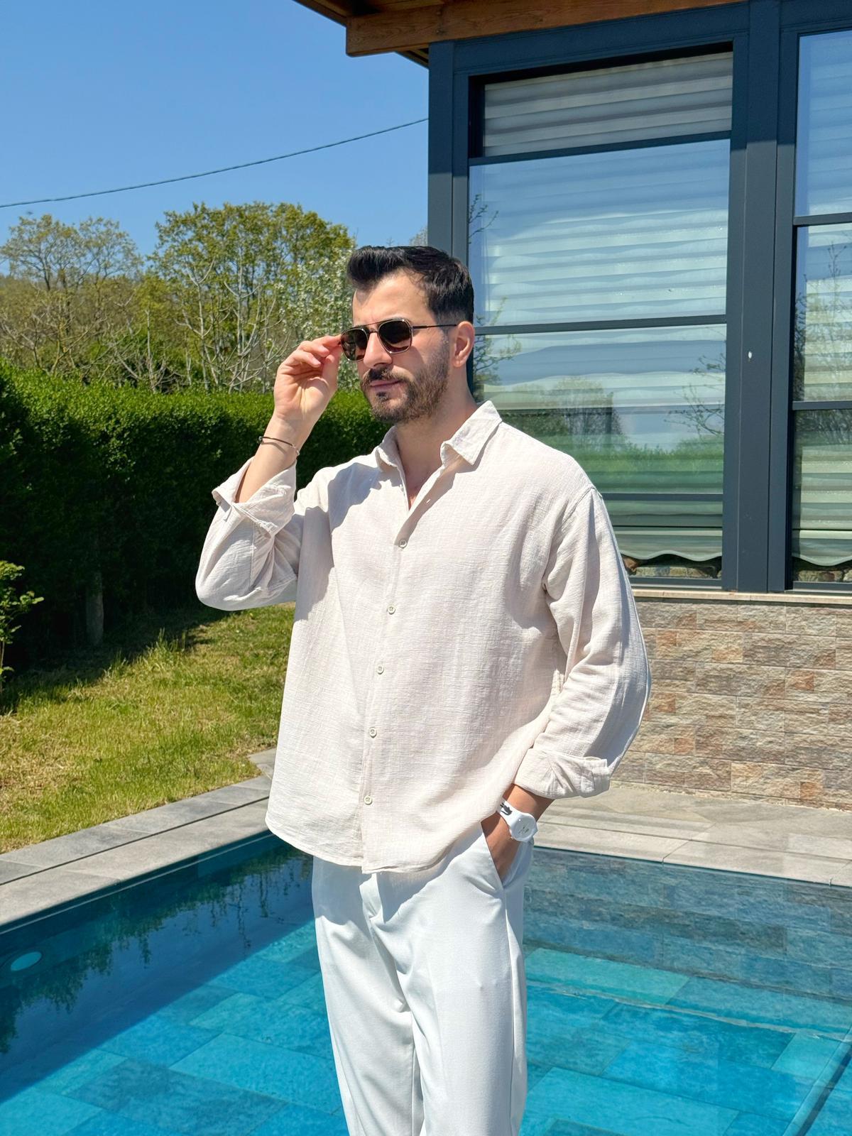 Bej Ham Keten Yazlık Yarım Oversize Gömlek