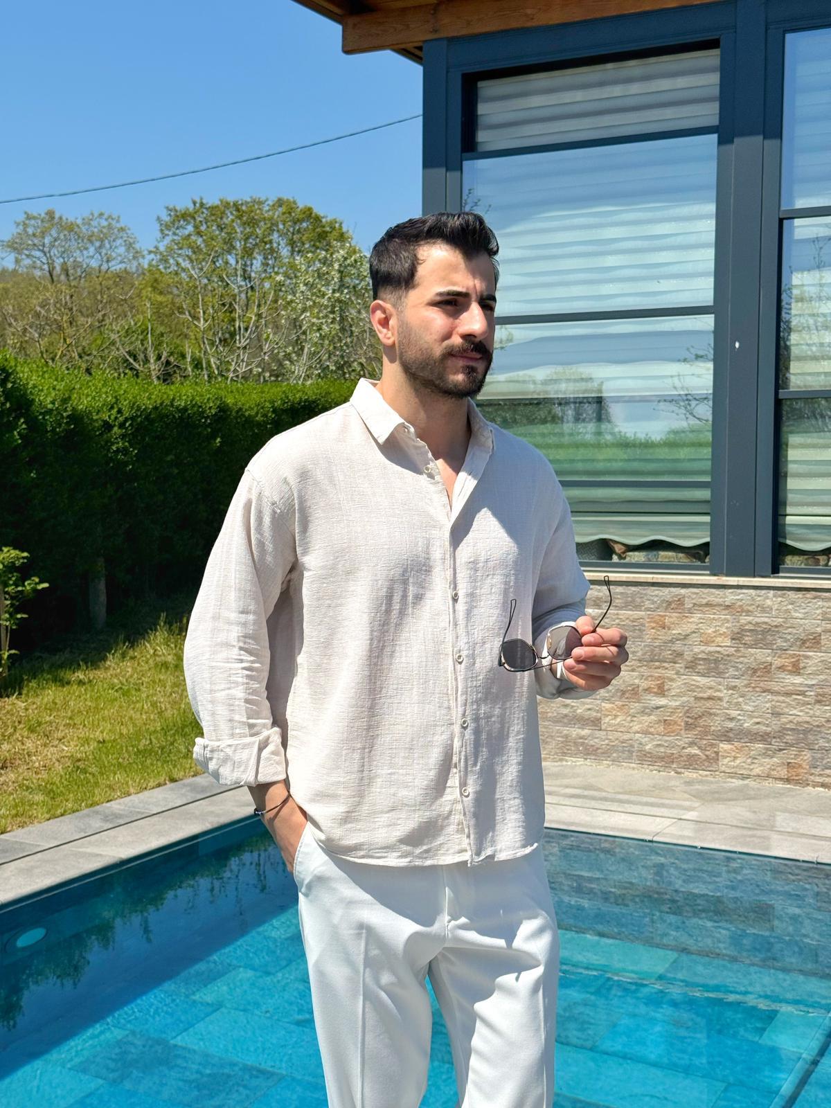 Bej Ham Keten Yazlık Yarım Oversize Gömlek