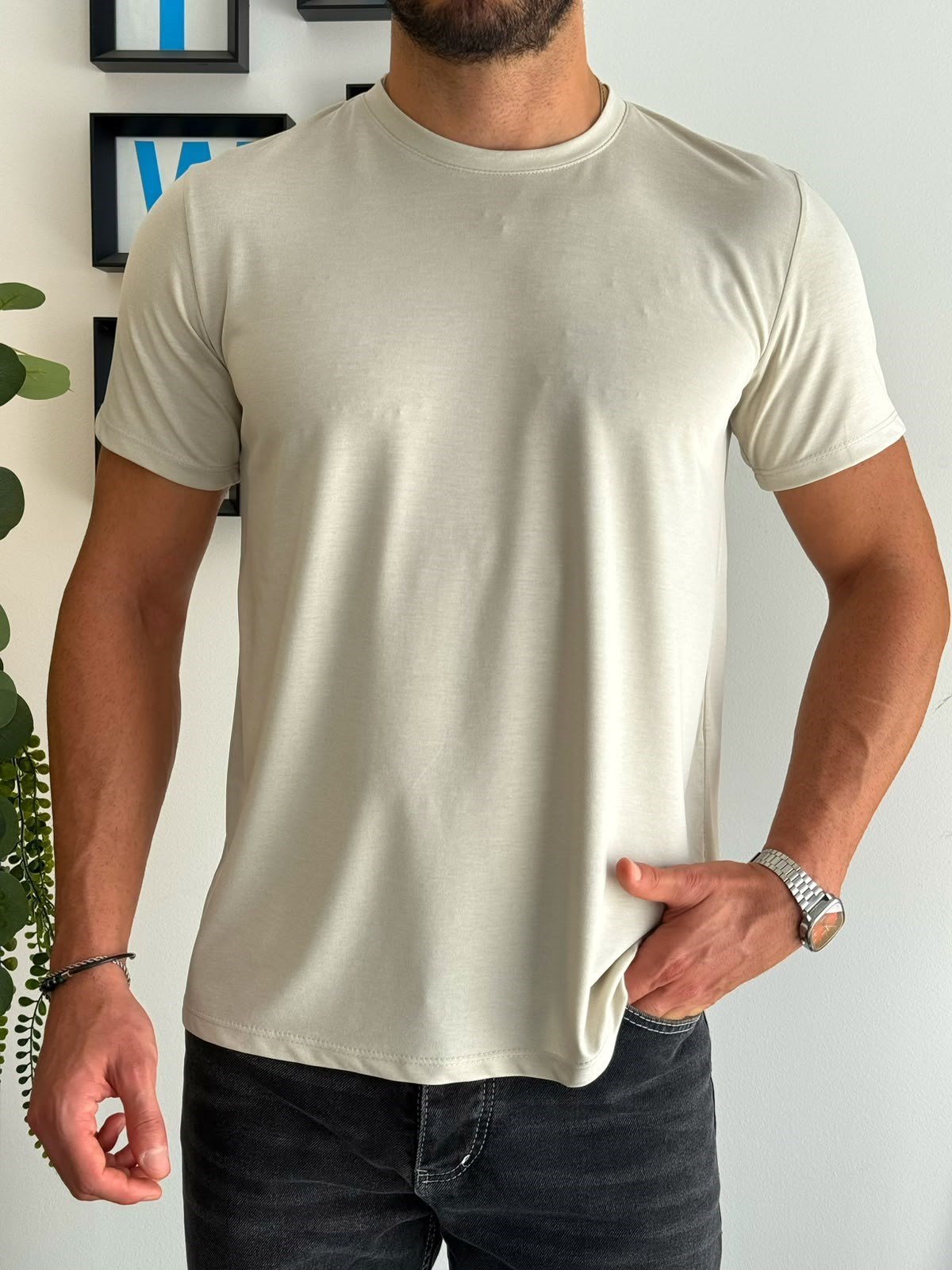 Bej Muscle Fit T-Shirt