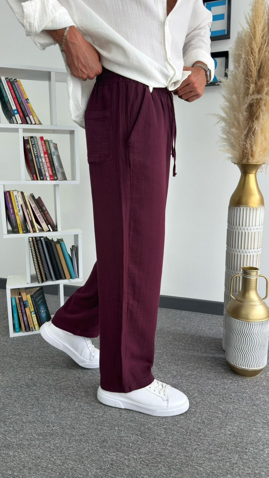 Beyaz & Bordo Müslin Keten Gömlek & Pantolon Takım (Gömlek:G121, Pantolon:J207)
