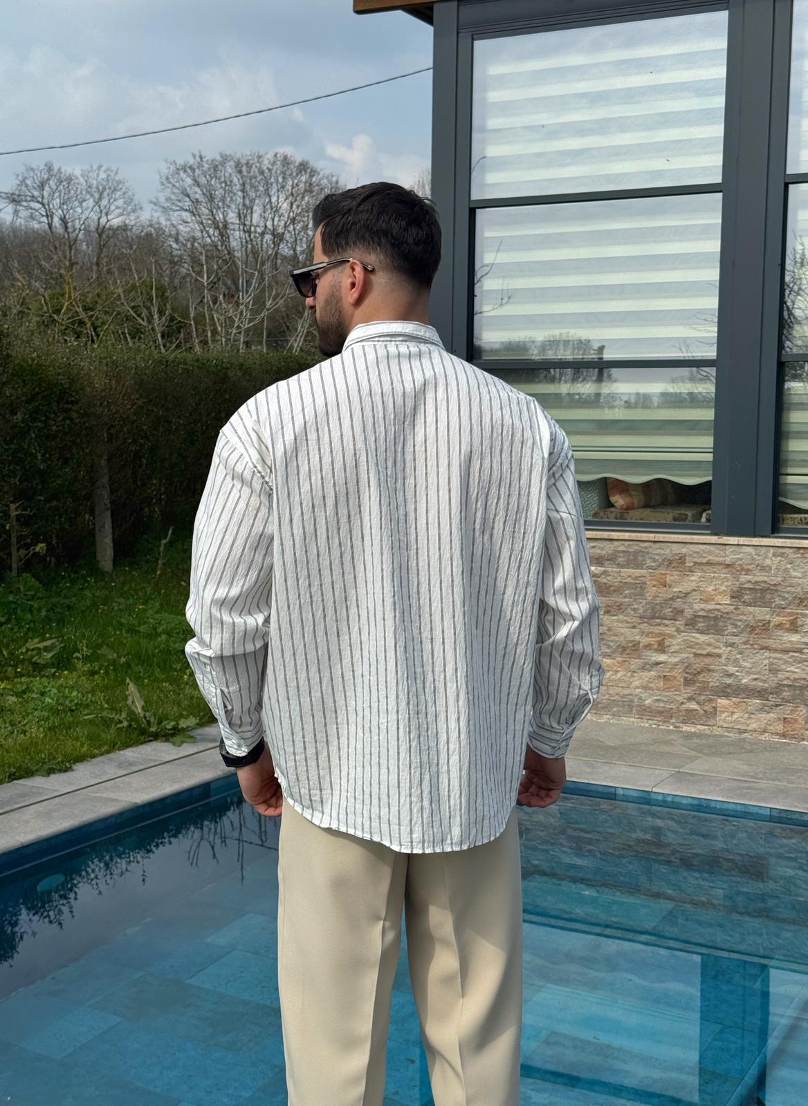 Beyaz Daily Nakışlı Çizgili Oversize Gömlek