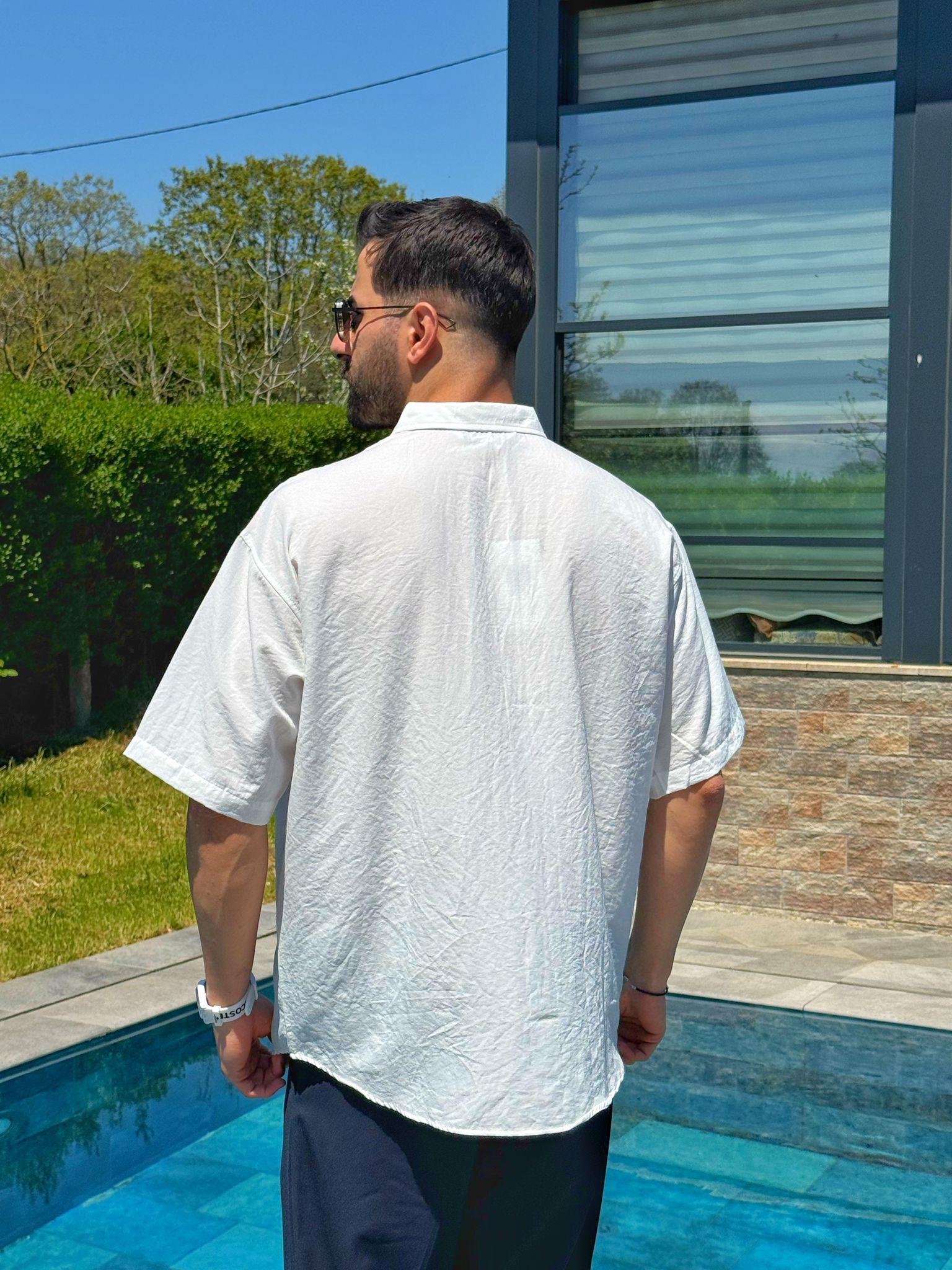 Beyaz Flam Kumaş Yazlık Oversize Kısa Kol Gömlek
