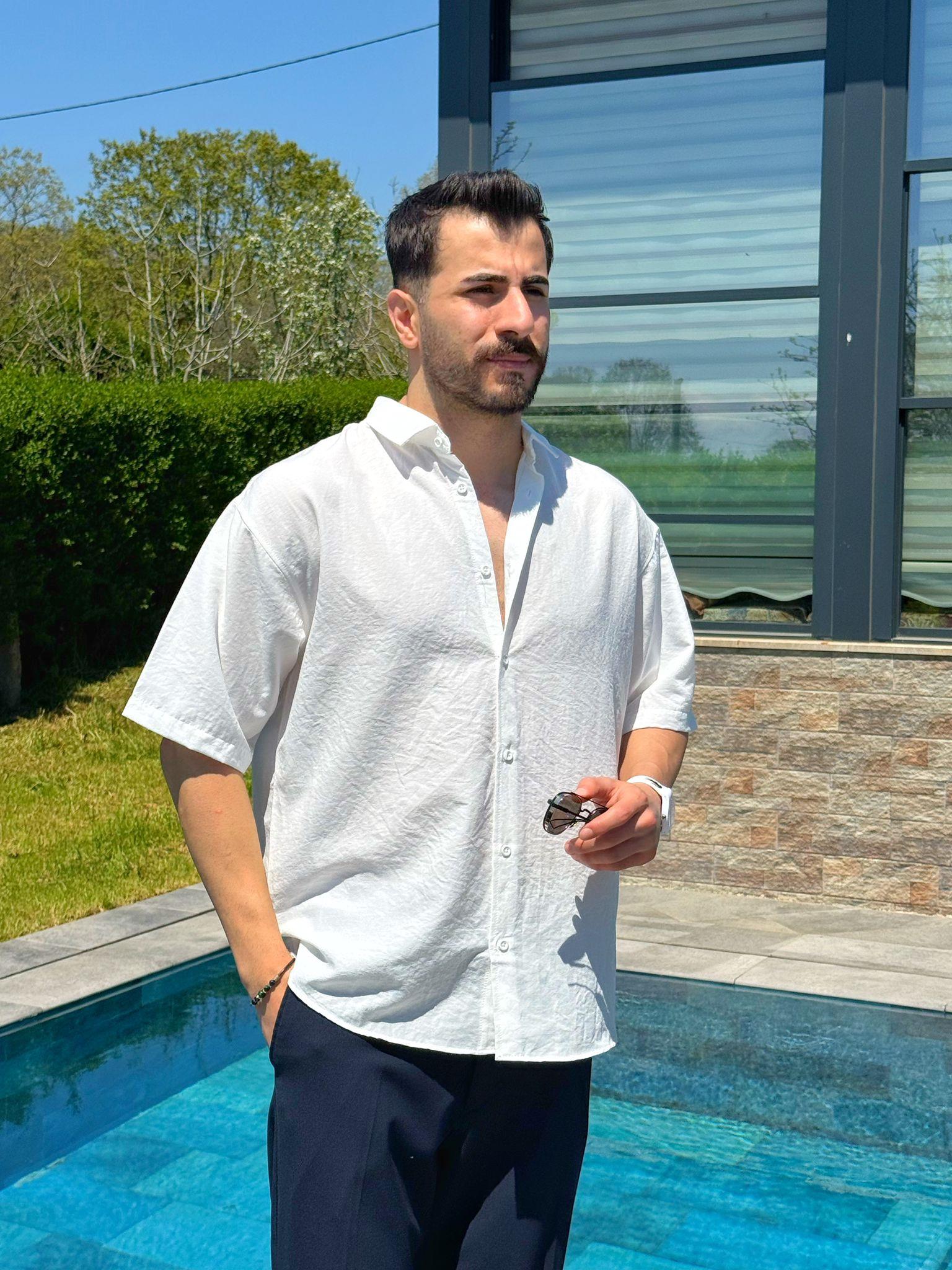 Beyaz Flam Kumaş Yazlık Oversize Kısa Kol Gömlek