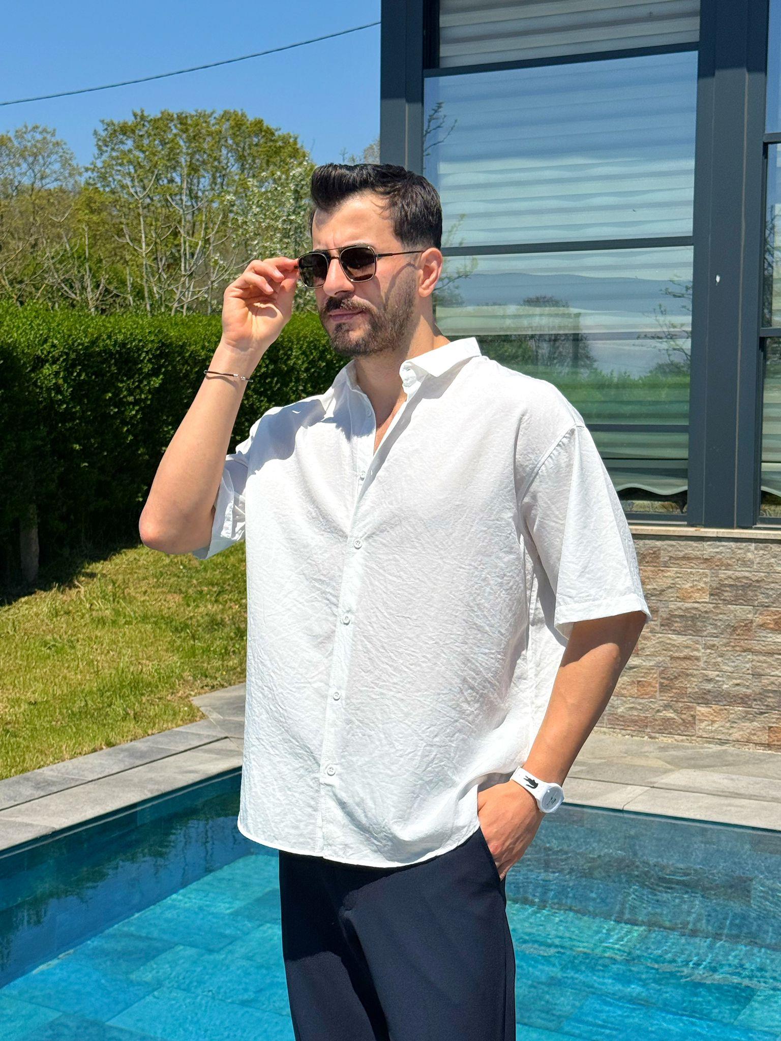 Beyaz Flam Kumaş Yazlık Oversize Kısa Kol Gömlek