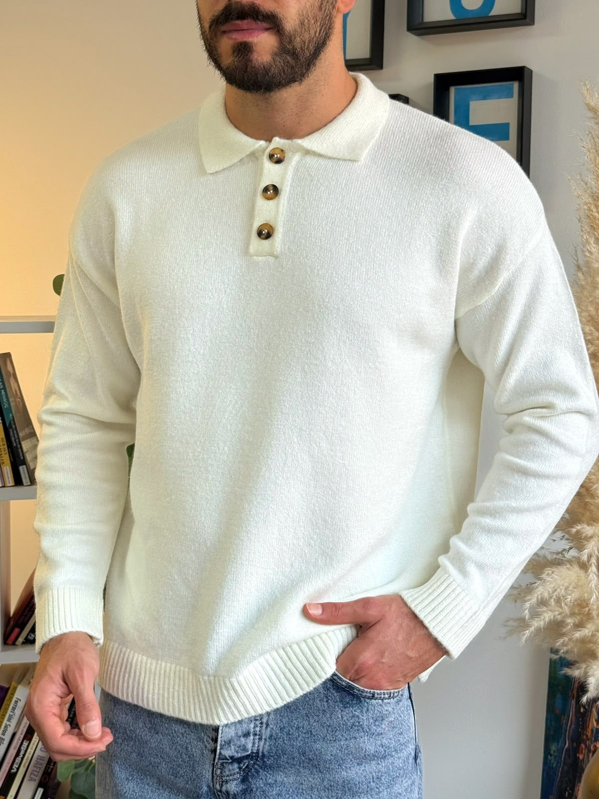 Beyaz Gramajlı Oversize Polo Kazak