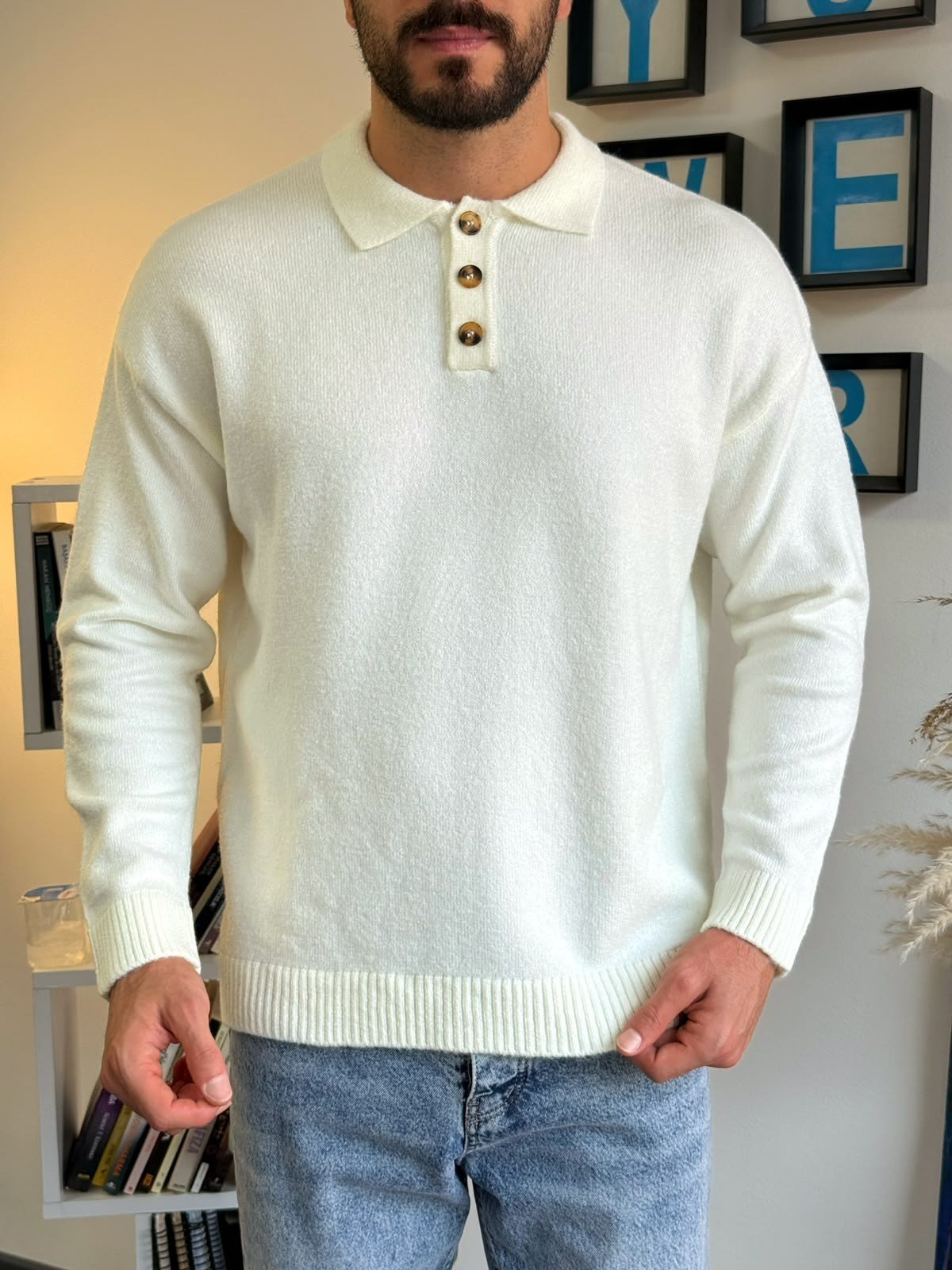 Beyaz Gramajlı Oversize Polo Kazak
