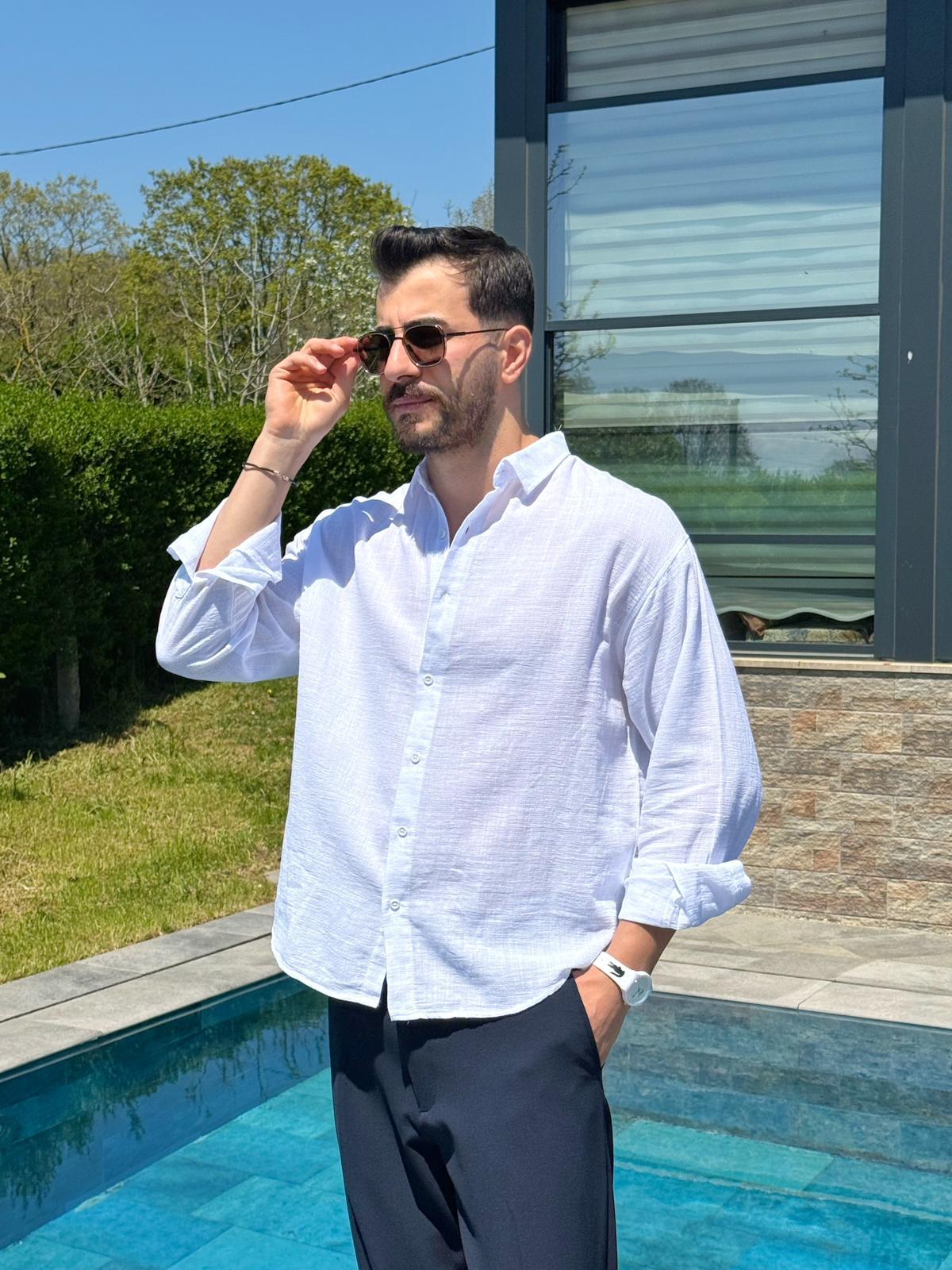 Beyaz Ham Keten Yazlık Yarım Oversize Gömlek