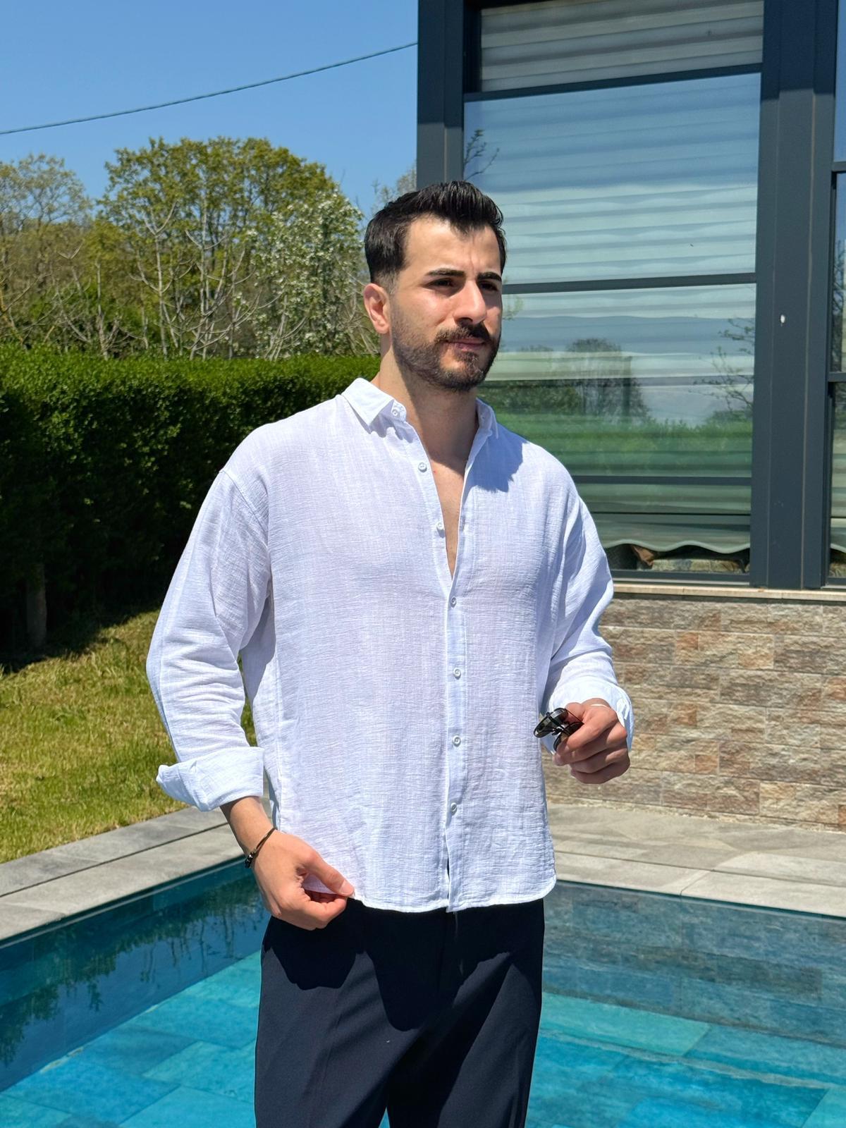 Beyaz Ham Keten Yazlık Yarım Oversize Gömlek