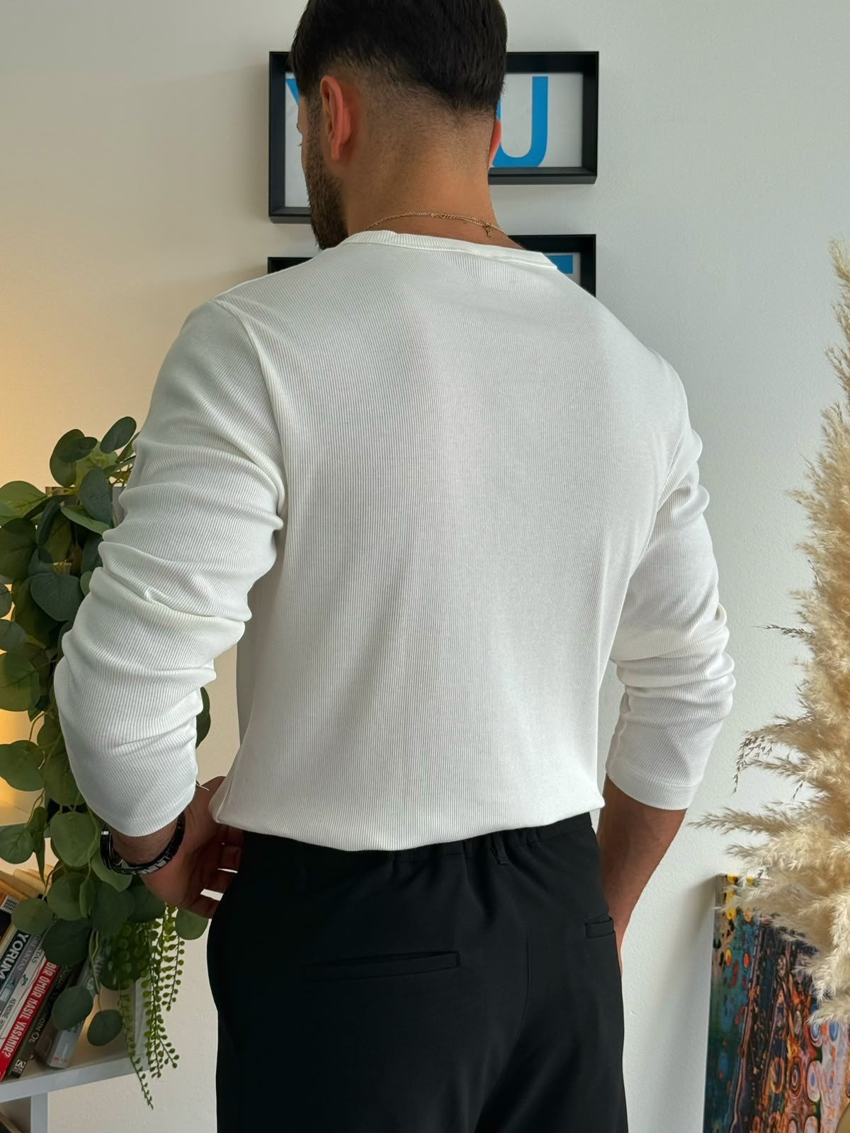 Beyaz Henley Yaka Uzun Kollu Sweat