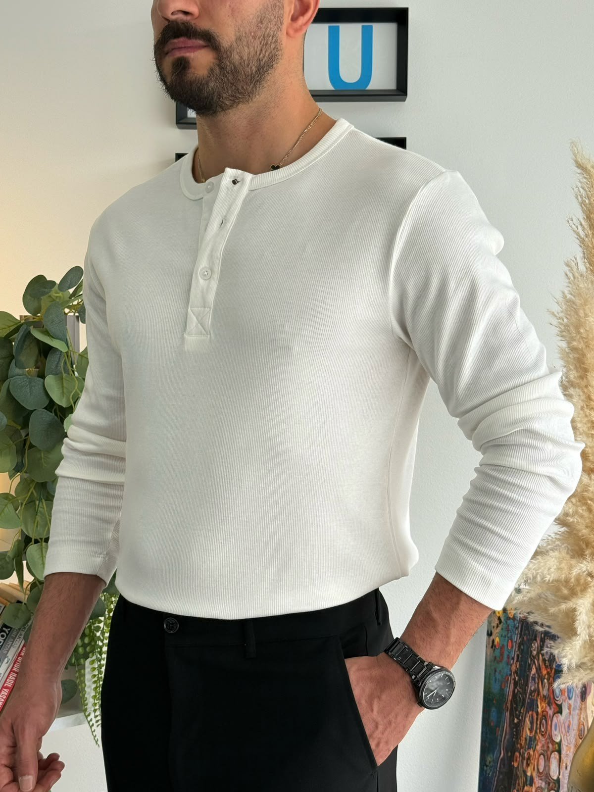 Beyaz Henley Yaka Uzun Kollu Sweat