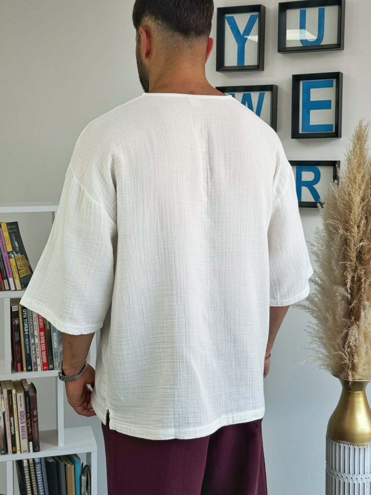 Beyaz Müslin Kumaş Fakir Kol Oversize T-Shirt