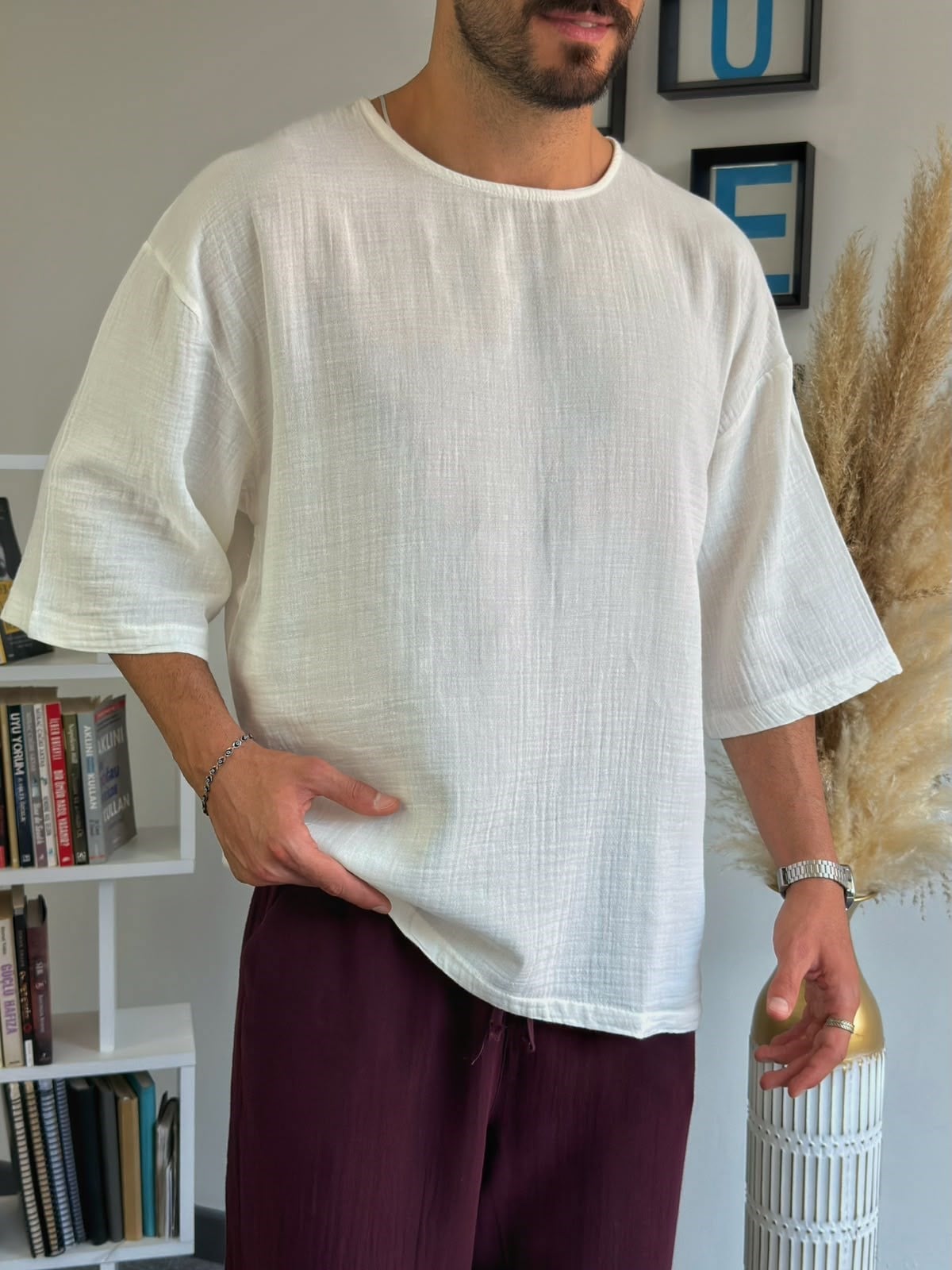 Beyaz Müslin Kumaş Fakir Kol Oversize T-Shirt
