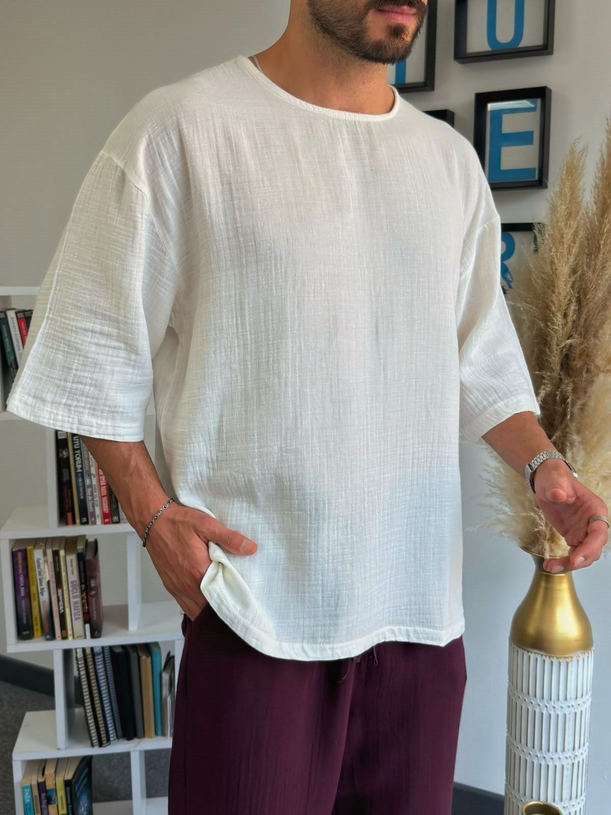 Beyaz Müslin Kumaş Fakir Kol Oversize T-Shirt