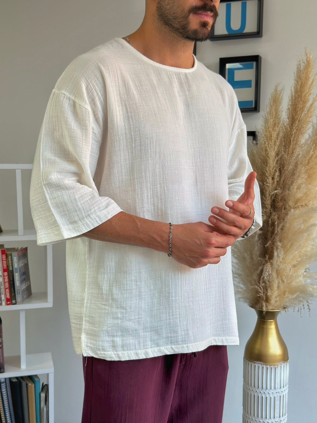 Beyaz Müslin Kumaş Fakir Kol Oversize T-Shirt