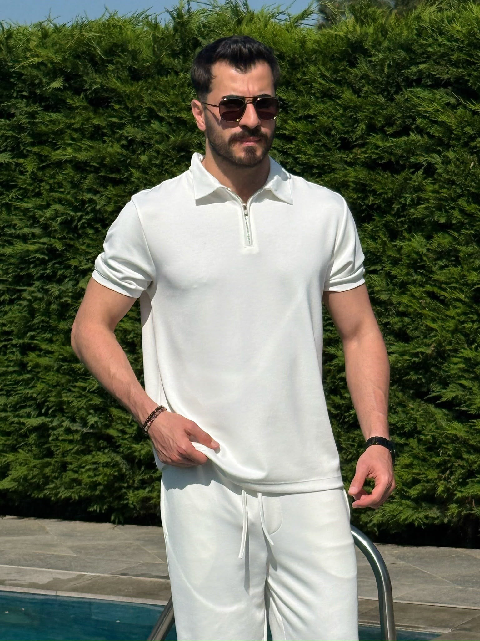Beyaz Osyh Kumaş Yarım Fermuarlı T-Shirt