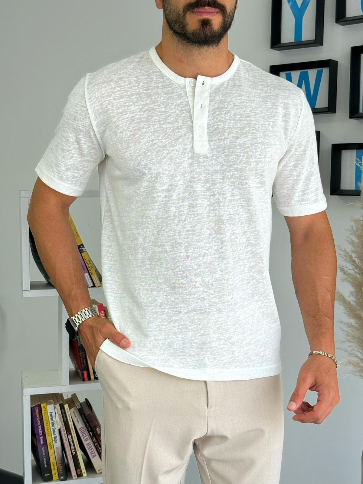 Beyaz Pamuklu Basic Düğmeli T-Shirt