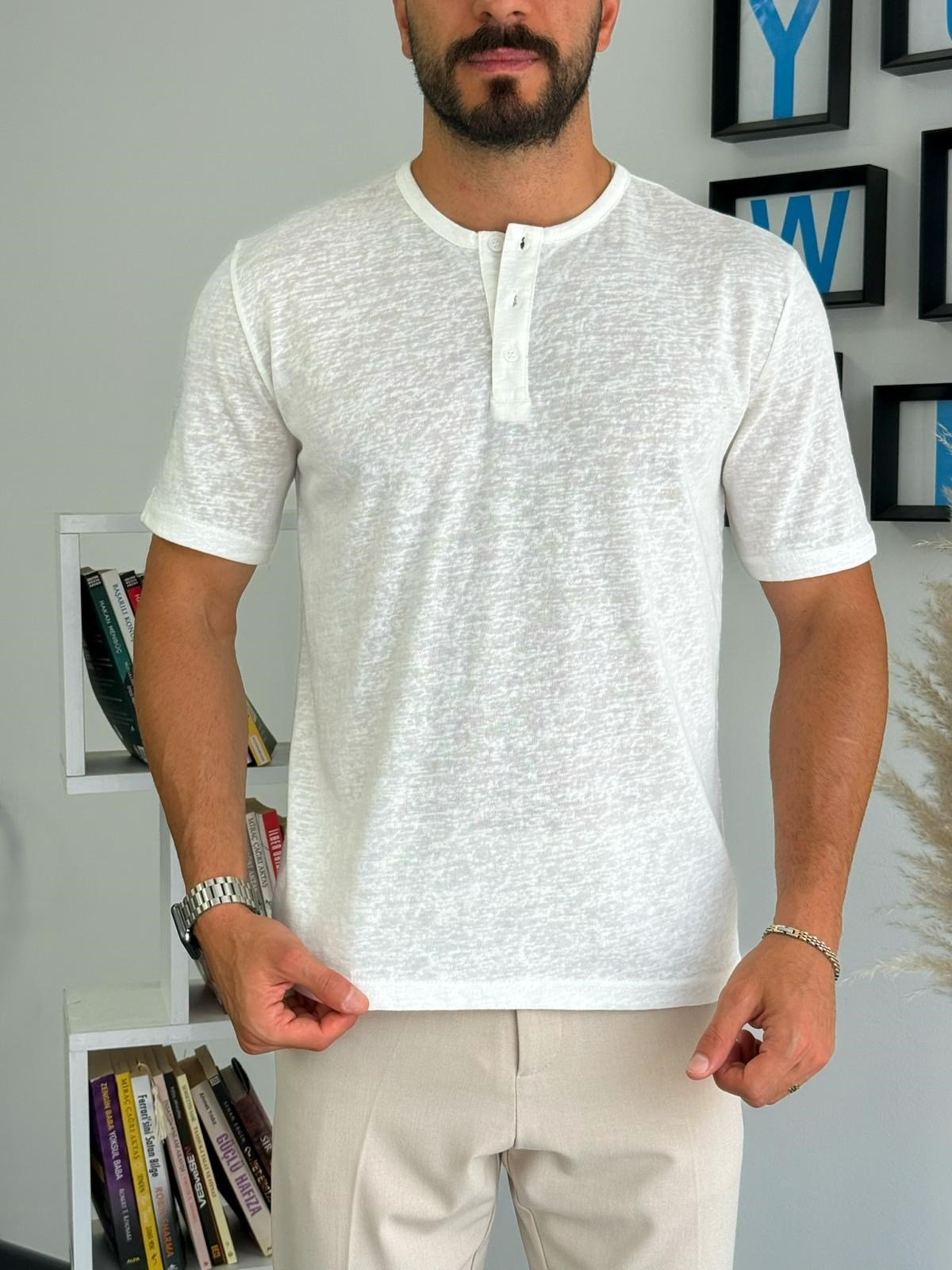 Beyaz Pamuklu Basic Düğmeli T-Shirt