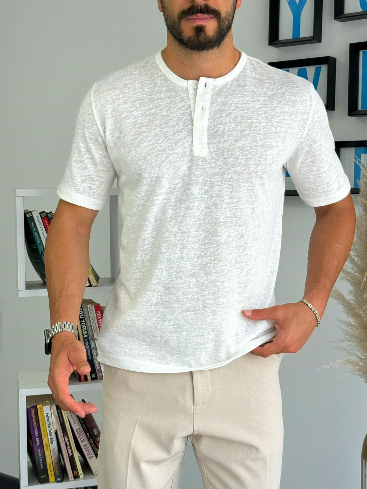 Beyaz Pamuklu Basic Düğmeli T-Shirt