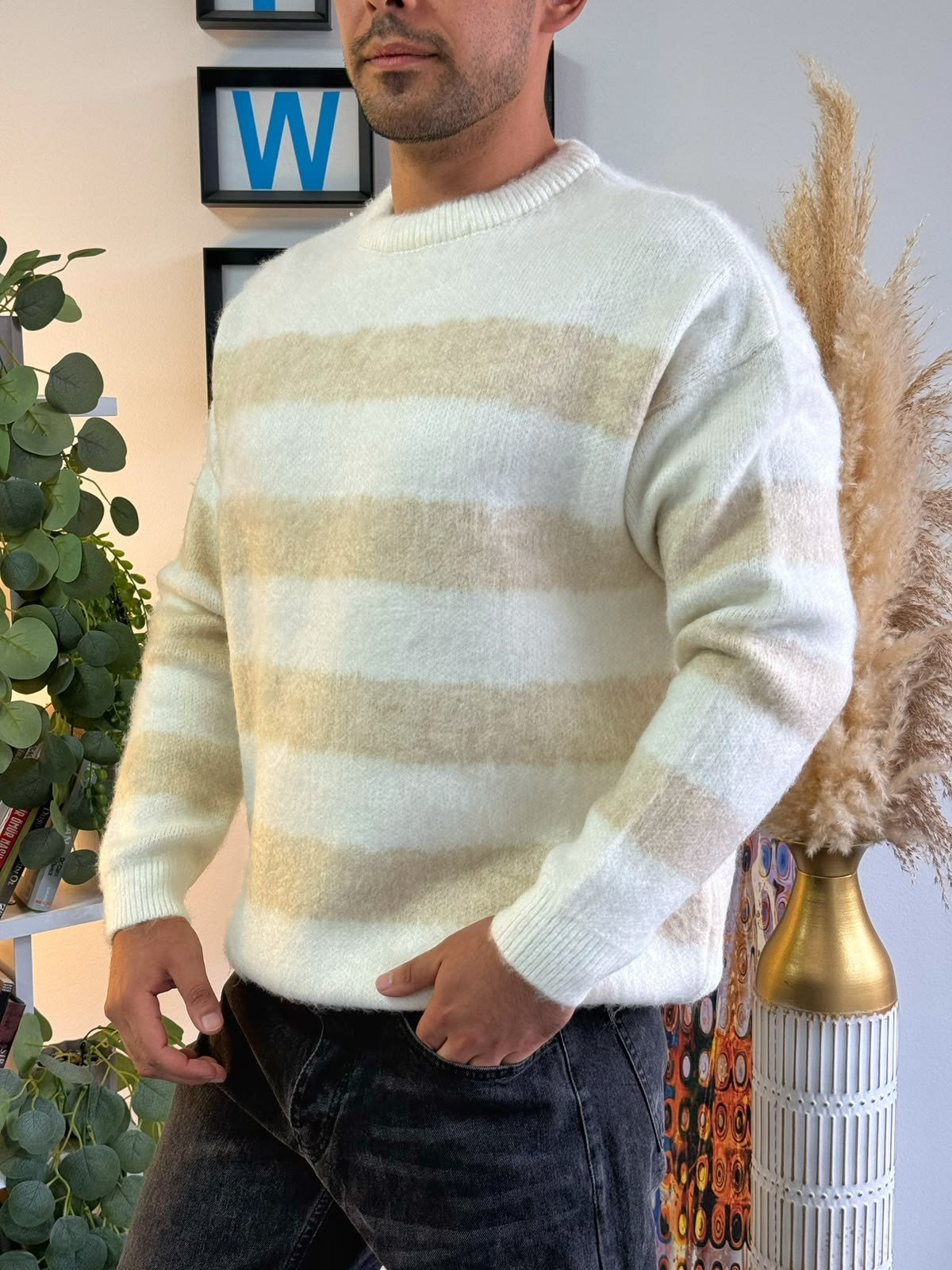 Beyaz Premium Dokulu Oversize Çizgili Triko Kazak