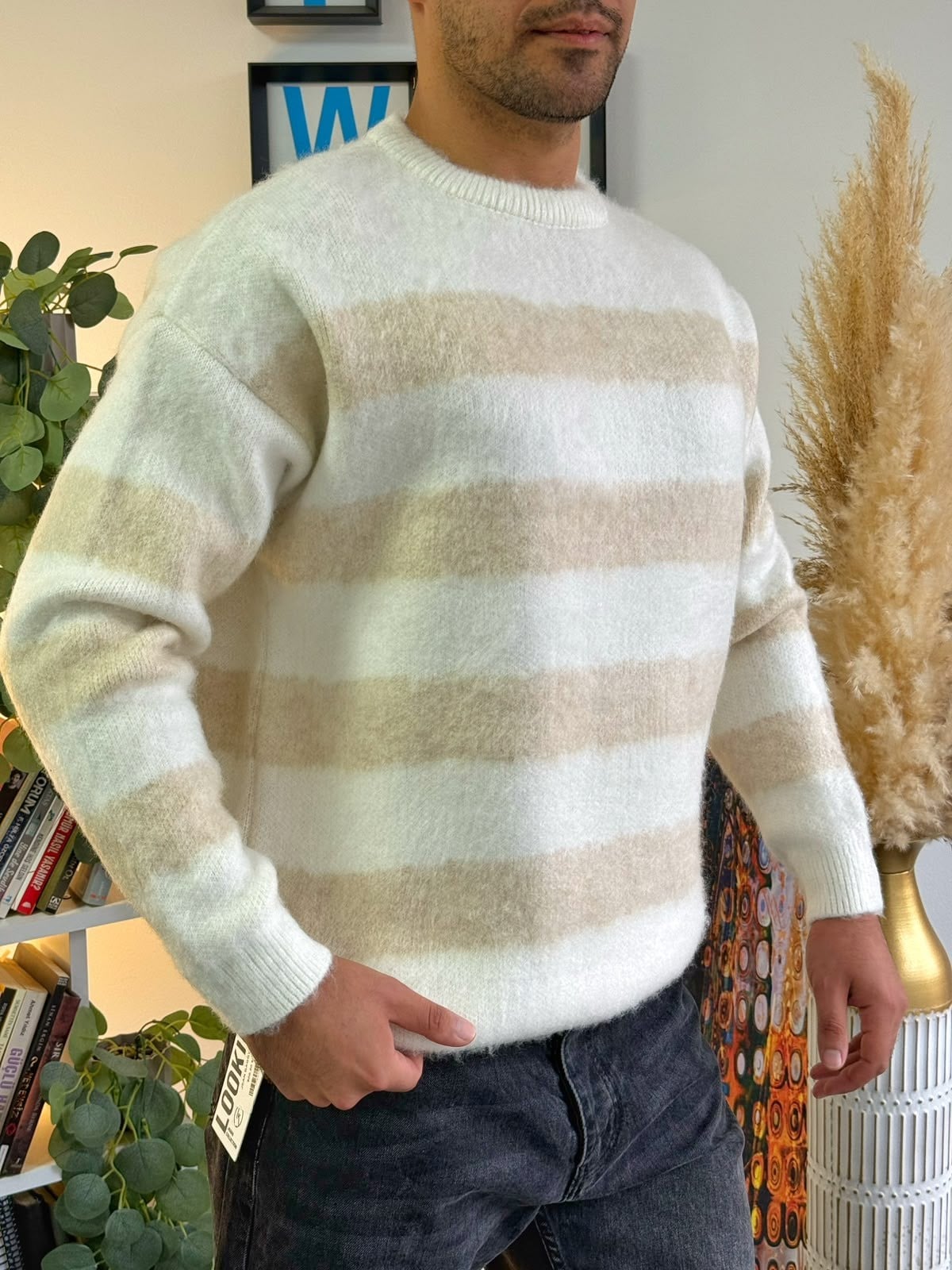 Beyaz Premium Dokulu Oversize Çizgili Triko Kazak