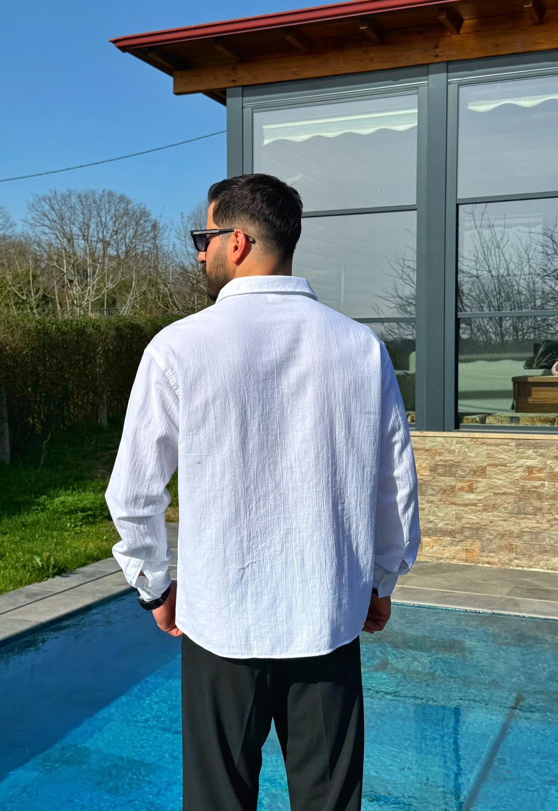 Beyaz Premium Fit Krinkıl Keten Gömlek